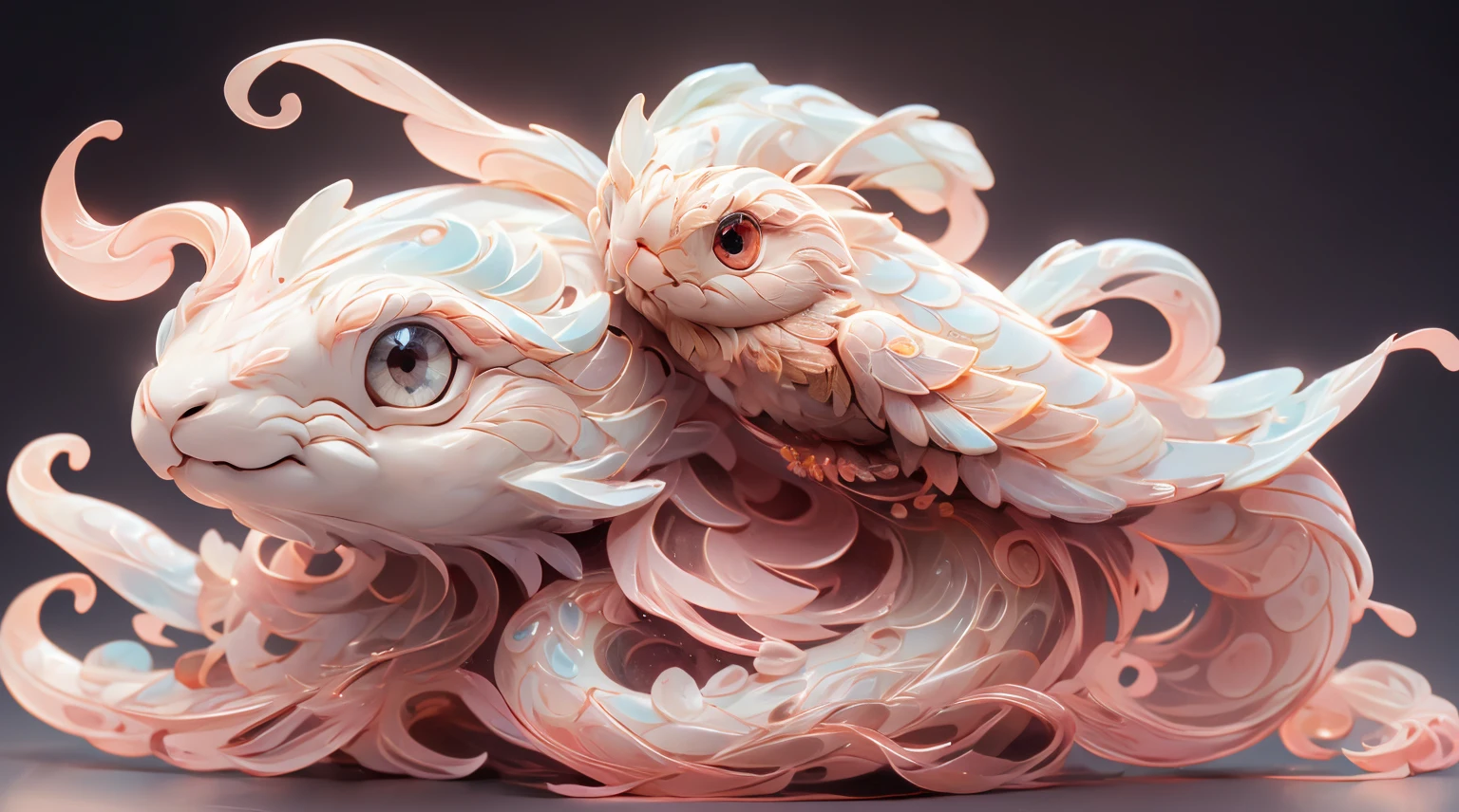 The shape of a snake,The background was clean,dream color,Transparent statue,flower eyes,The white,red eyes,The eyes are clear,tmasterpiece,(Best quality:1.3),A rabbit,Full body lesbian,8K Ultra Clear