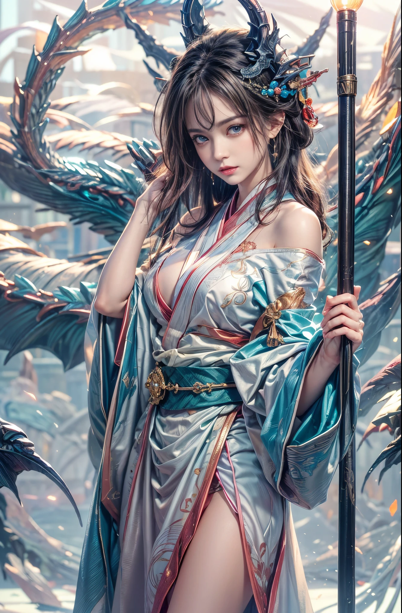 (Photoreal Stick:1.4, masutepiece:1..3, 8K), top-quality, masterpiece, 超A high resolution, Perfect dynamic composition, Professional camera work, Grow Light Effect, Mystical portrait, Cinematic Light, Highly detailed skin and facial texture:1.3, The ultra-detailliert, A detailed eye, (riding a dragon:1.2, carry a noble long cane), (myterious:1.3, Fanciful:1.2, tradition:1.2, majestueux:1.2), 1girl in, 25-years old, cute and sexy slim goddess, Fair skin, (Calm:0.9, Totally captivates you:1.0), (japanese kimono:1.3, off shoulders), (voluptuous breasts:0.9), (Backshots), (A beautiful Blue eyes, Eyes that feel beautiful eros:0.85), Sexy face:0.4, (A mouthfeel that feels beautiful eros:0.85), ((Too cute beauty:0.9)), Fantastic background, Eliminate unnecessary hands
