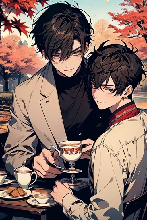 Unparalleled beauty,face perfect、perfect eyes、By Shinkai Makoto、 (2man),Gay Male Relationships, 20 years old male,In the autumn leaves field, There is also a table where you can have a tea party., two men are drinking tea. ,Smiling,looking at another,Scenery
