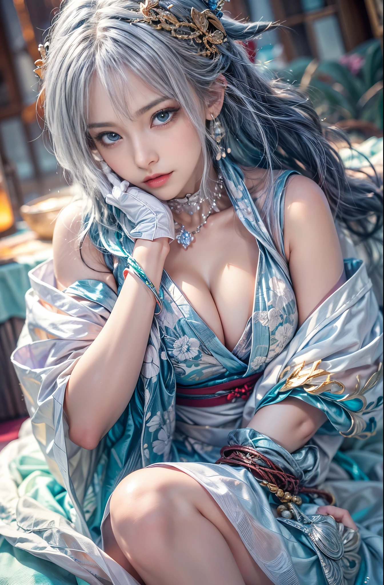 (Photoreal Stick:1.4, masutepiece:1..3, 8K), top-quality, masterpiece, 超A high resolution, Perfect dynamic composition, Professional camera work, Grow Light Effect, Mystical portrait, Cinematic Light, Highly detailed skin and facial texture:1.3, The ultra-detailliert, A detailed eye, (riding a dragon:1.2, carry a noble long cane), (myterious:1.3, Fanciful:1.2, tradition:1.2, majestueux:1.2), 1girl in, 25-years old, cute and sexy slim goddess, Fair skin, (Calm:0.9, Totally captivates you:1.0), (japanese kimono:1.3, off shoulders), (voluptuous breasts:0.9), (Backshots), (A beautiful Blue eyes, Eyes that feel beautiful eros:0.85), Sexy face:0.4, (A mouthfeel that feels beautiful eros:0.85), ((Too cute beauty:0.9)), Fantastic background, Eliminate unnecessary hands