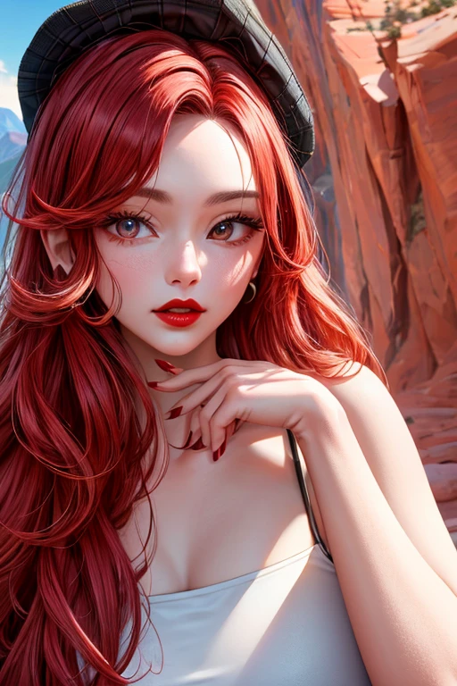 a woman with long, curly red hair wearing a long, flowing flaming red dress semitransparent with a high neckline and long sleeves, lying on a bed of flowers, standing against a dark background with a flaming glow. Her lips are slightly parted, as if she is lost in thought. She is lying on her back with her arms behind her head, looking up at the sky. The flowers around her are in full bloom, with petals in various shades of pink and purple. The background is a field of flowers with a few trees in the distance.The overall effect is one of mystery.