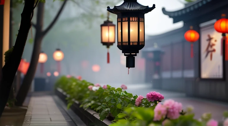 There is a street lamp hanging above the window, Lanterns at night, Chinese, lights and flowers, Beautiful and beautiful, the street lights, lights and blooms, Beautiful images, Lush plants and lanterns, Beautiful aesthetic, beautiful aesthetic lighting, beautiful light up, Lanterns on the roadside sparkle, lantern light, street lanterns glow, lanterns, tranquil lighting, beautiful glowing lights, warm lantern lighting