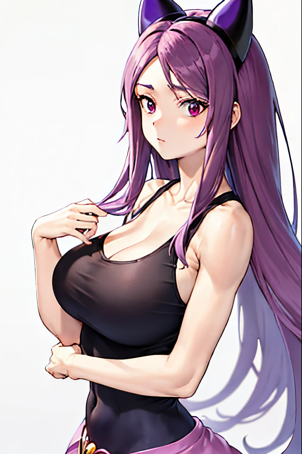 Close up portrait of woman with long purple hair, Brown-eyed woman, Classic Women, huge tit, magical girl anime mahou shojo, had very large breasts, made with anime painter studio, oppai, garments:Black tank top, Female romance, Anime style, Muscular woman, feminine and muscular, tall, appeal, Wearing a tight skirt, Anime!!!!, rei hino as a princess, Bare shoulders, Bare arms,