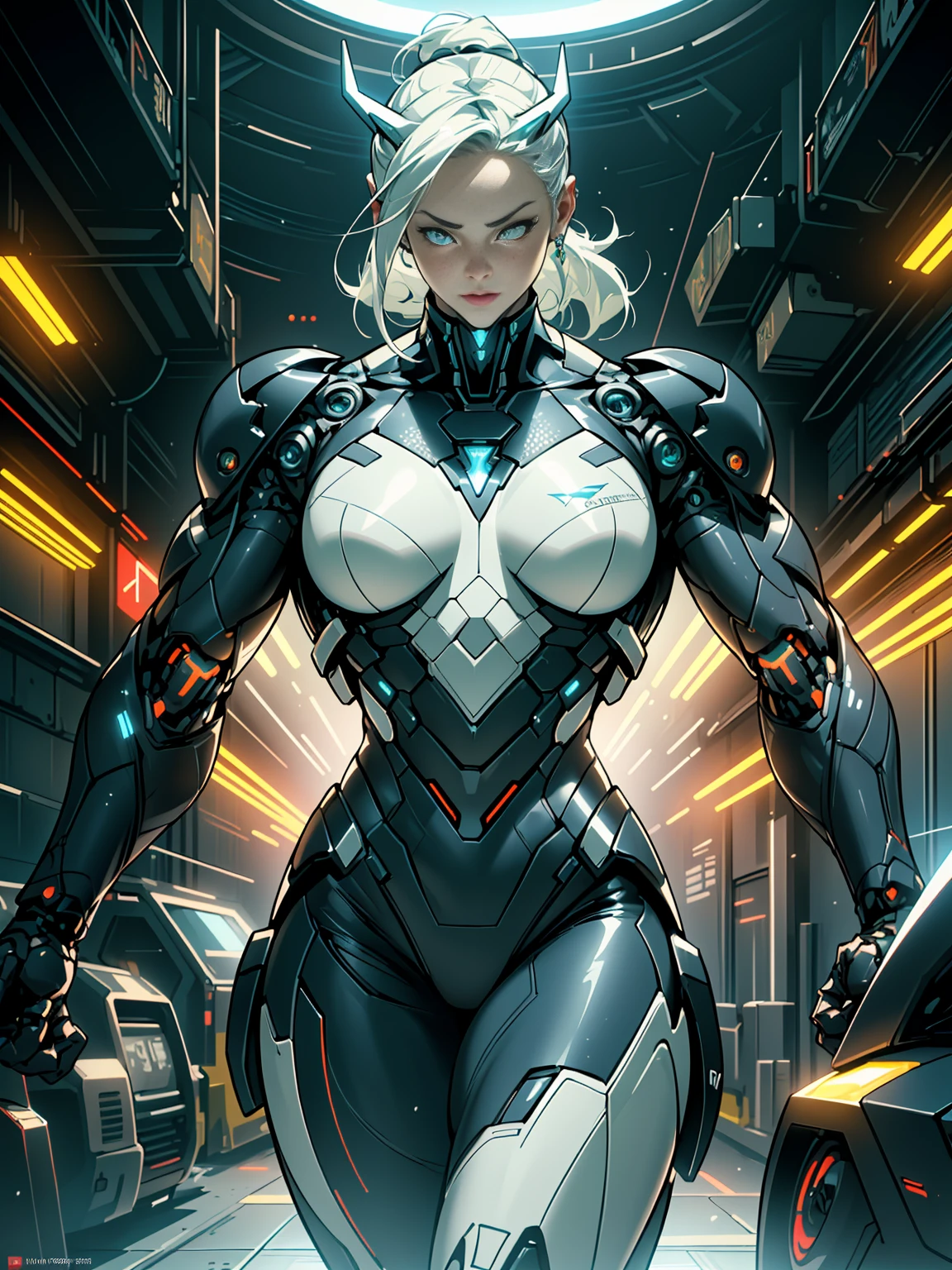 (1girl:1.5), Cinematic, hyper-detailed, and insanely detailed, this artwork captures the essence of a hairless muscular female android girl. Beautiful color grading, enhancing the overall cinematic feel. Unreal Engine brings her anatomic cybernetic muscle suit to life, appearing even more mesmerizing. With the use of depth of field (DOF), every detail is focused and accentuated, drawing attention to her eyes and the intricate design of the anatomic cybernetic muscle suit . The image resolution is at its peak, utilizing super-resolution technology to ensure every pixel is perfect. Cinematic lighting enhances her aura, while anti-aliasing techniques like FXAA and TXAA keep the edges smooth and clean. Adding realism to the anatomic cybernetic muscle suit, RTX technology enables ray tracing. Additionally, SSAO (Screen Space Ambient Occlusion) gives depth and realism to the scene, the girl's anatomic cybernetic muscle suit become even more convincing. In the post-processing and post-production stages, tone mapping enhances the colors, creating a captivating visual experience. The integration of CGI (Computer-Generated Imagery) and VFX (Visual Effect brings out the anatomic cybernetic muscle suit's intricate features in a seamless manner. SFX (Sound Effects) complement the visual artistry, immersing the viewer further into this fantastic world. The level of detail is awe-inspiring, with intricate elements meticulously crafted, the artwork hyper maximalist and hyper-realistic. Volumetric effects add depth and dimension, and the photorealism is unparalleled. The image is rendered in 8K resolution, ensuring super-detailed visuals. The volumetric lightning adds a touch of magic, highlighting her beauty and the aura of her anatomic cybernetic muscle suit in an otherworldly way. High Dynamic Range (HDR) technology makes the colors pop, adding richness to the overall composition. Ultimately, this artwork presents an unreal portrayal of a super muscled cybernetic female android