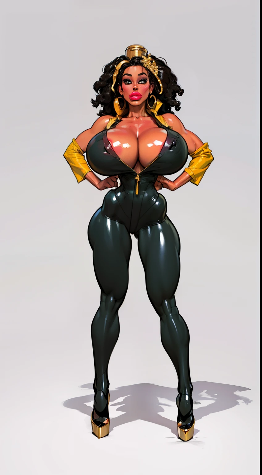 ((masterpiece)),(((best quality))),((character design sheet)), ((full body view)) ((black woman)), ((seductive eyes:1.4)), defined cheekbones, high cheekbones, illustration,  muscular, ((gold:1.4)), sexy bimbo, (gigantic breasts:1.7) black Afro hair, ((detailed face:1.4)) beautiful woman, ((round Afro:1.4)), colored skin, ((black skin:1.4)) , (red lipstick:1.4), shiny skin, scribbles and marks,(puffy lips:1.4) ,(yellow disco outfit:1.3), bell bottom pants,open shirt,  rough sketches, pose, 8k,16k, ( background, white background: 1.3), yellow arms, yellow legs, black torso, yellow and black color palette, ((beautiful face))
