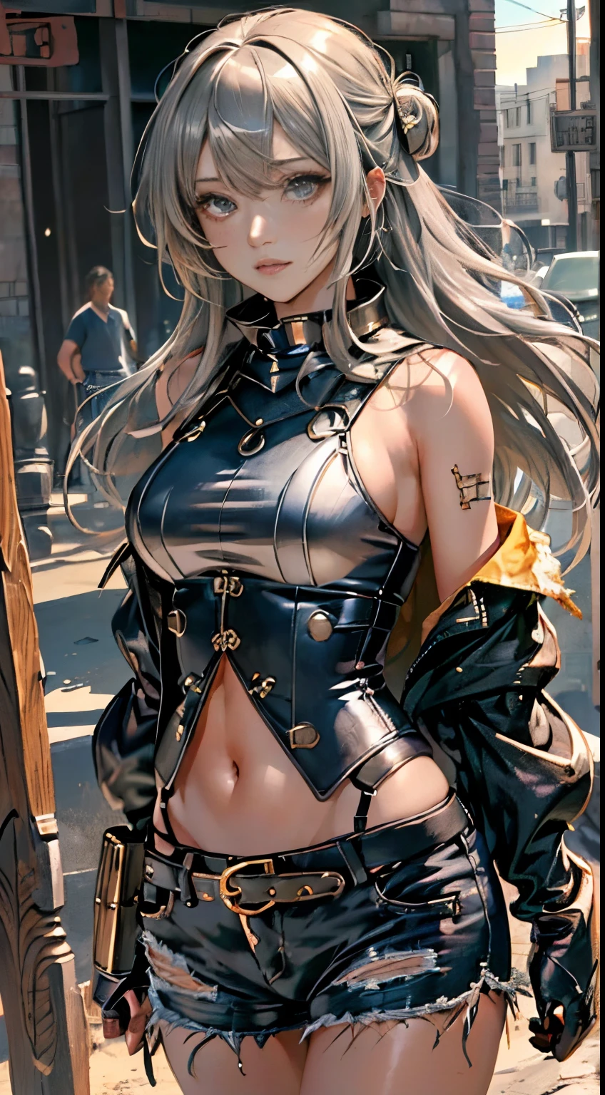 (masutepiece, Best Quality, Detailed shiny skin: 1.2), flawless, 8K, raw, High resolution, Upper body (1 girl: 1.3), lifelike textures, Torn clothes, ragged clothes, Ultra shorts, Soft, Drooping breasts, Bare shoulders, nabel, Areola, Gray hair, Long hair, Straight hair, Wavy updo, Olive skin, face with high quality, Tight spaces, Dungeon, wounded, Chair,