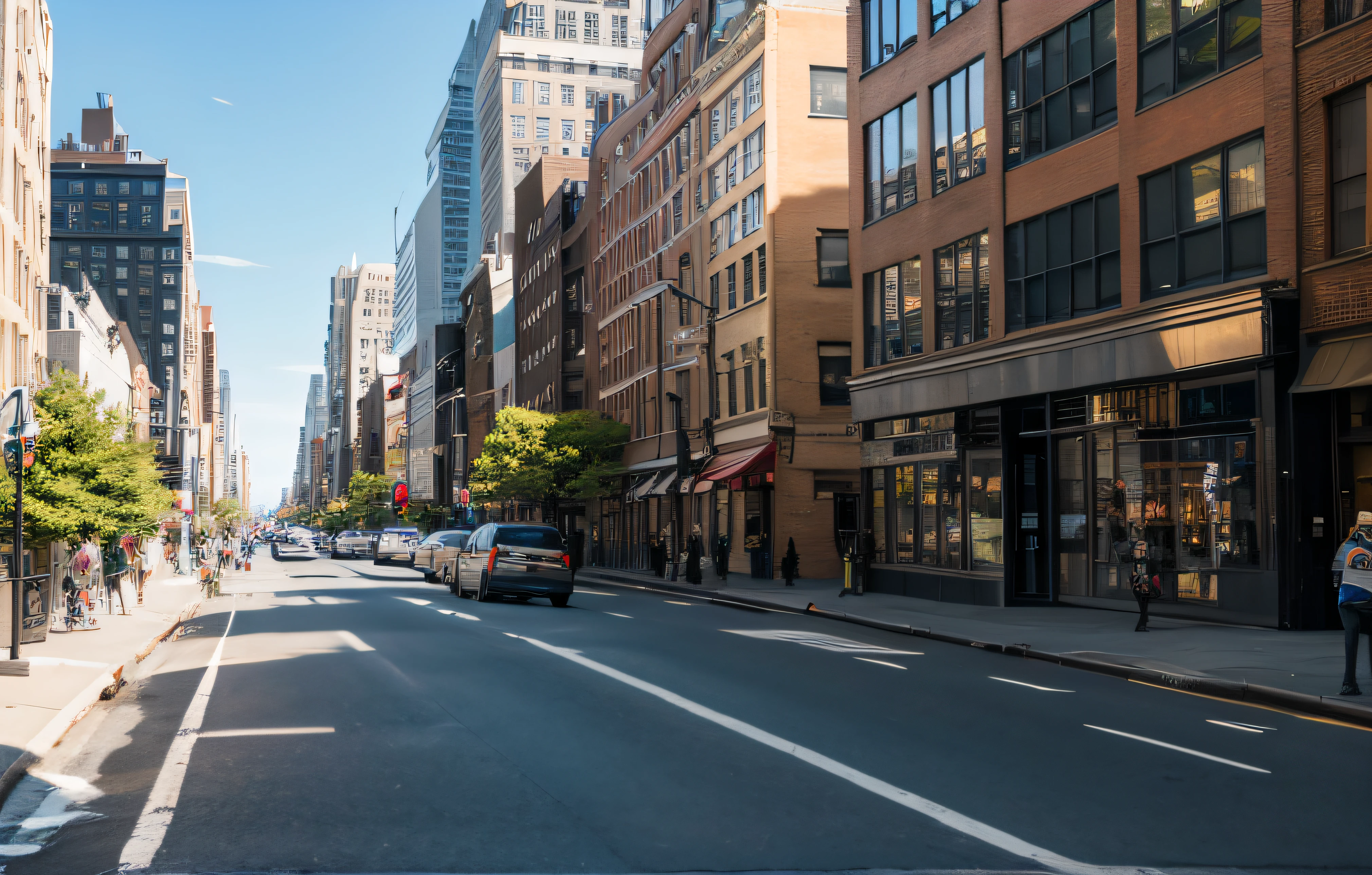 in broad daylight、and the sun was shining brightly，New York street horizontal composition
