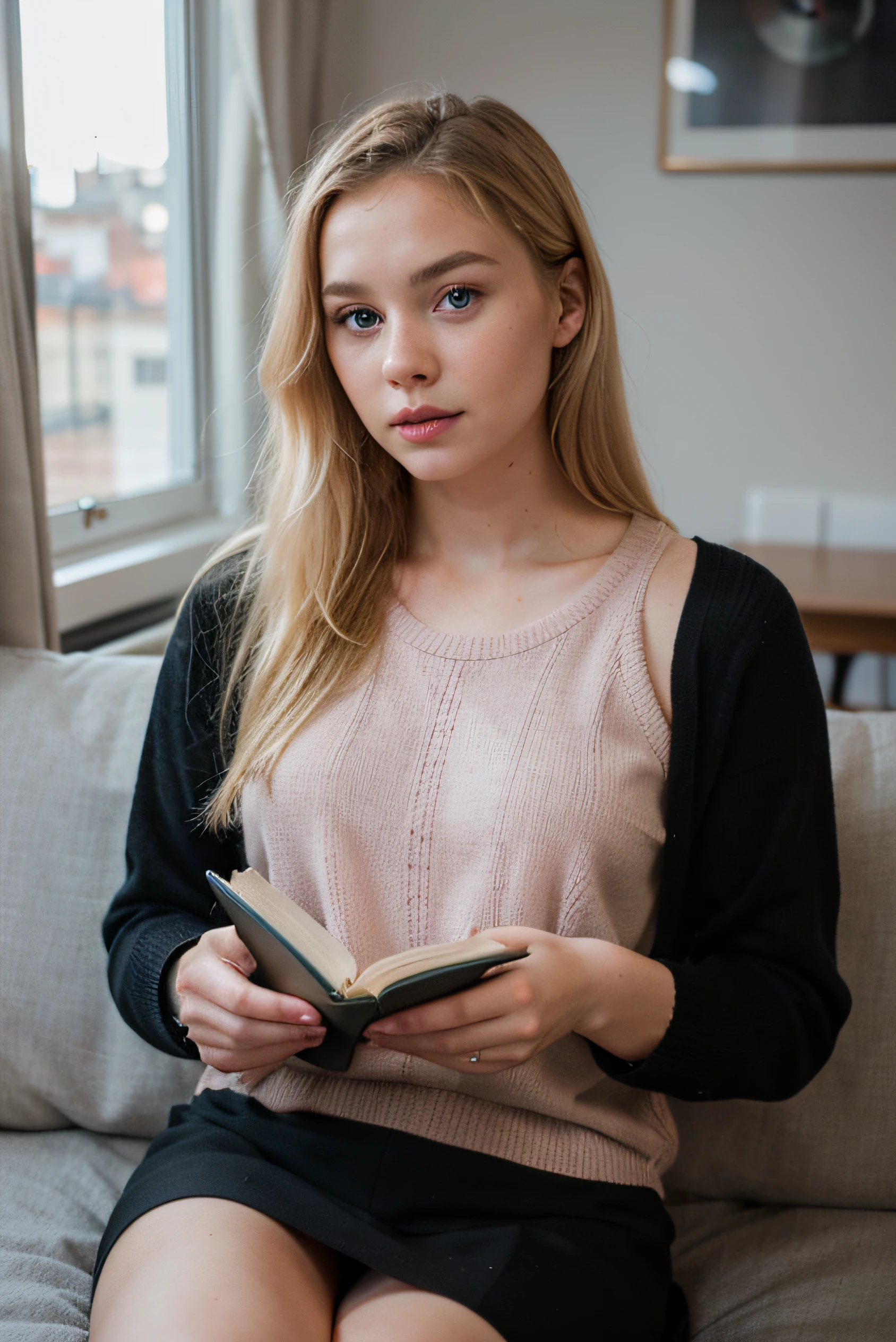 Extremely realistic blonde Russian girl with blonde hair and blue eyes, wearing a pink jumper, black skirt, upper body, sitting reading a book