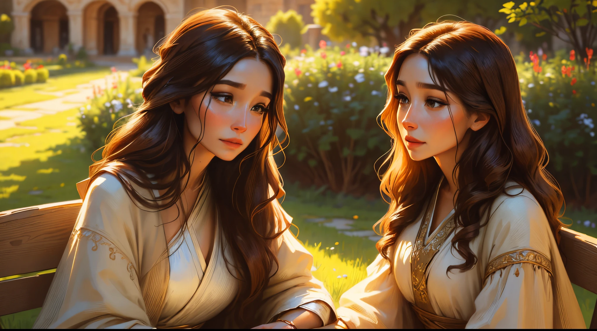 best quality,ultra-detailed,realistic,ancient times,biblical era,woman of 35 years old (detailed facial features,long hair),brown tunic,peaceful garden setting,gentle sunlight,soft colors,old paintings style