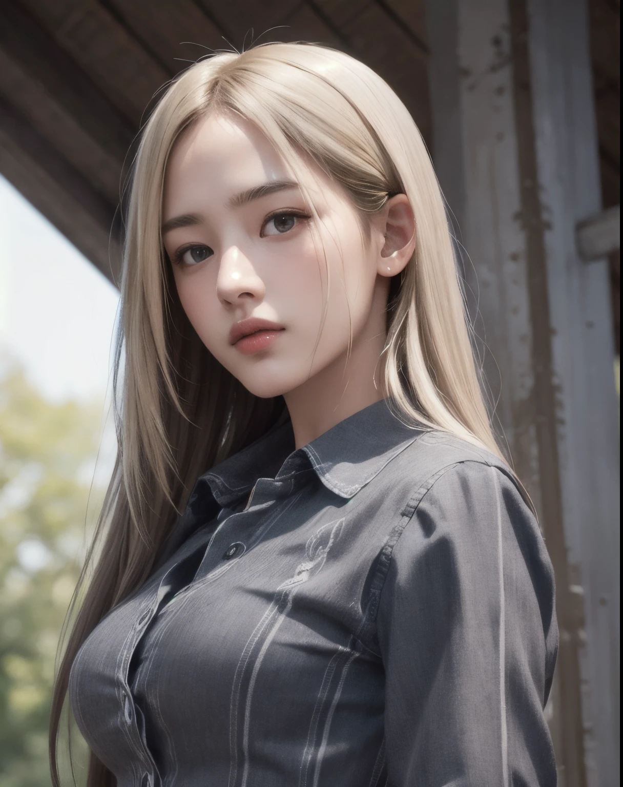 Photorealistic, masutepiece, Best Quality, Raw photo, 1girl in, Solo, Long hair, Blonde hair, Detailed face, alluring face, charcoal gray button-up shirt, medium breasts, Dynamic Pose, Looking at Viewer, From below, Detailed background, fine detailed, intricate detailes, Ray tracing, depth of fields, lowkey, nffsw
