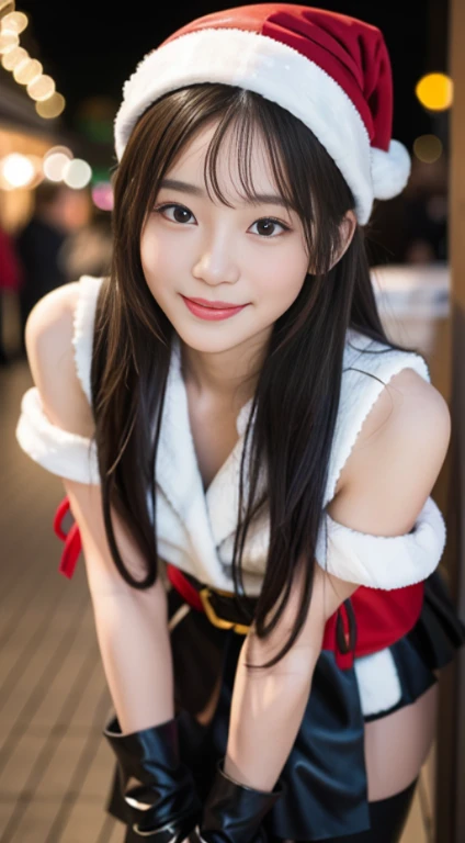 a closeup, masterpiece, top-quality, Raw foto, Photorealsitic, beautiful a girl, cute little, longwavy hair, depth of fields, hight resolution, ultra-detailliert, finely detail, ighly detailed,Santa Claus Costume、a miniskirt、long boots、illuminations、Christmas Market、Smiling smile