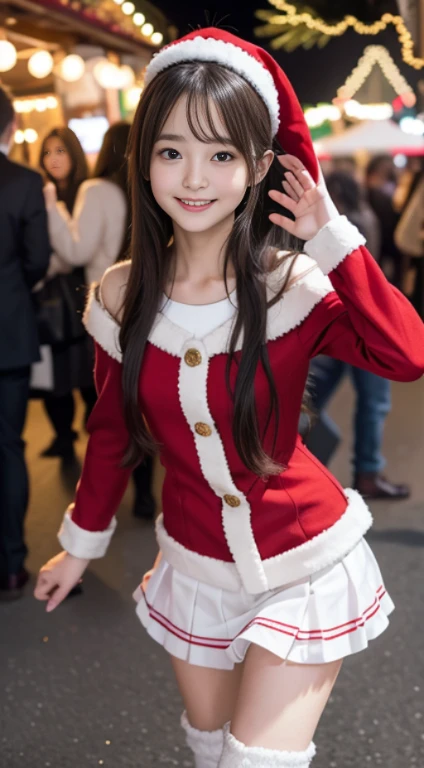 a closeup, masterpiece, top-quality, Raw foto, Photorealsitic, beautiful a girl, cute little, longwavy hair, depth of fields, hight resolution, ultra-detailliert, finely detail, ighly detailed,Santa Claus Costume、a miniskirt、long boots、illuminations、Christmas Market、Smiling smile