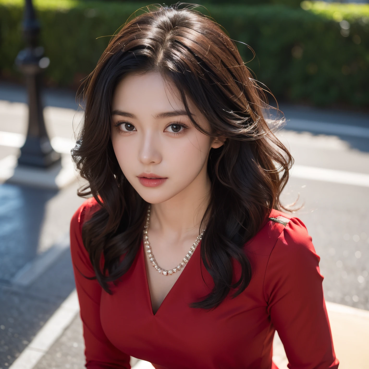 (Best Quality, masutepiece: 1.2), 18 year old girl, Morning light, Realistic face, Perfect body, Good anatomy, Perfect face, Curly Long Hair, Black hair, Photorealism, Super Detail, High quality, Photo Pose, Sexy (Best Quality, 8K, 32K, masutepiece, nffsw: 1.2), Cute Japan Female Pictures, Upper body, long sleeve red dress, Necklace, Background, From  above, Watch the viewer,
