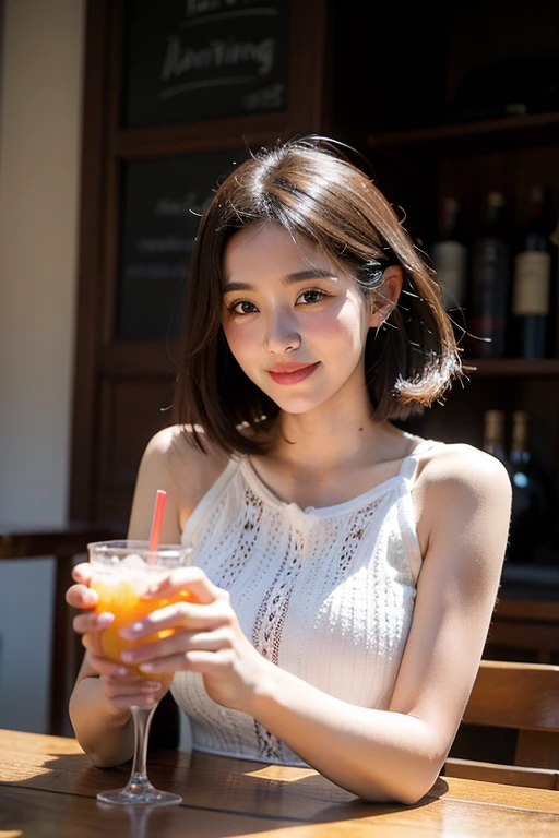 (actual),tmasterpiece,Best quality at best,电影灯光,naturalshadow,highest details,professional photoshooting,detailedbackground,depth of fields,insanely details,iintricate,Aesthetic,详细的脸,sub surface scattering,looking at viewert,1个Giant Breast Girl,full bodyesbian,light  smile,big breasts enchanting,20 years,French Bob Hair.ahoge,(MD colorful),fit and flare lace dress,frilld,playing instrument, delicacies, Delicious food, Gastronomic experience, Refreshing drink, International cuisine, food culture