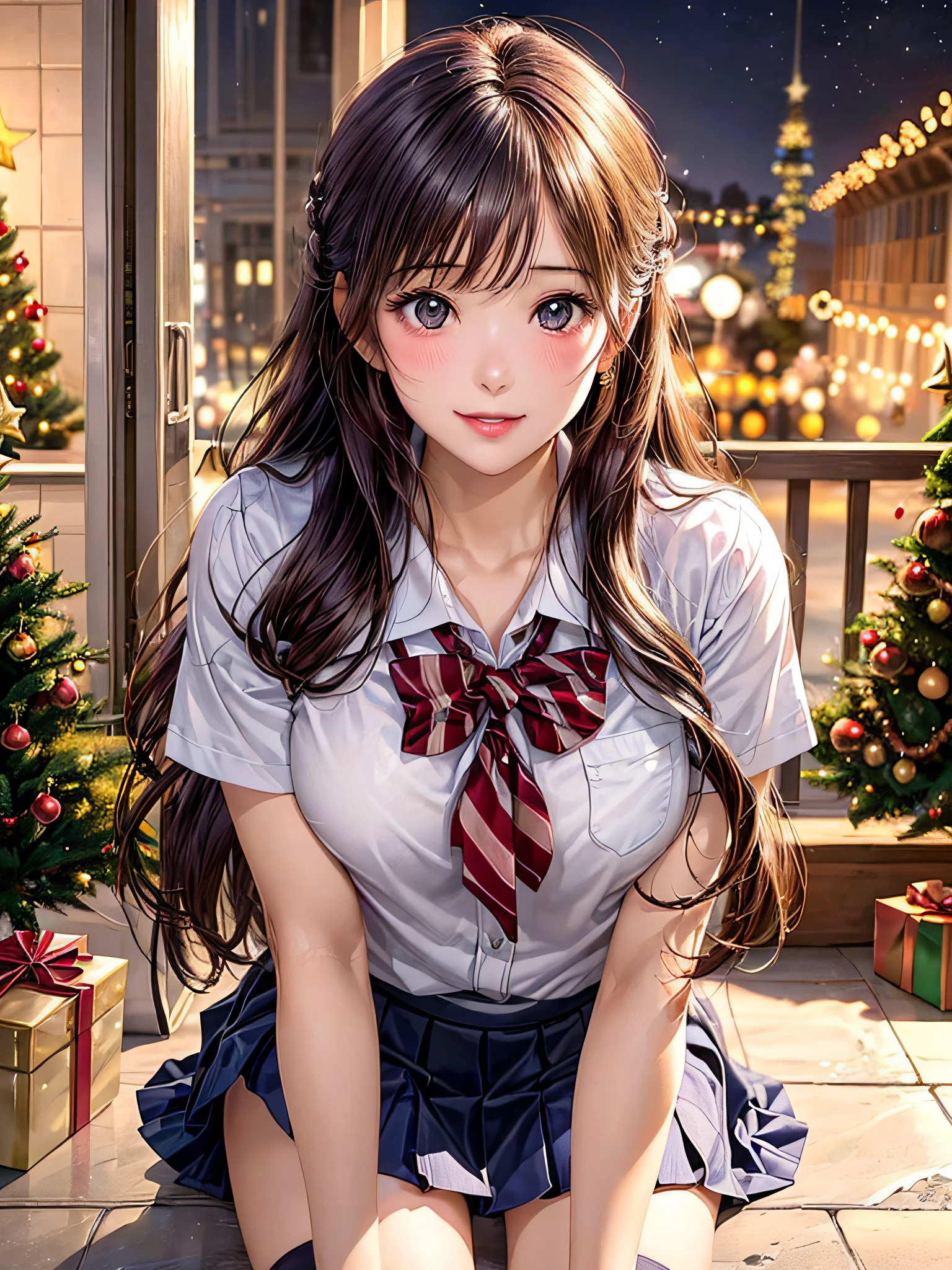 (2girls:1.4), Extremely cute, amazing face and eyes beautiful nice smile), (extremely detailed beautiful face), bright and shiny lips, (School uniform, Pleated skirt:1.3), (Best Quality:1.4), (hyper quality), (Ultra-detailed), (Hyper-realistic, Photorealsitic:1.37), Authentic skin texture, intricate-detail, extremely detailed CG unified 8k wallpaper, RAW Photos, professional photograpy, Cinematic lighting, Exposing, Christmas tree, Christmas Ornaments, Christmas Decorations, Christmas Lights, Christmas Lights,