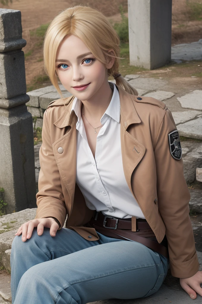 masterpiece, best quality, highres,
castle ruins, day, sunny, serious expression,
1girl, solo, looking at viewer, smile, sitting on the ground,
historia, christa renz, blonde hair, blue eyes, hair between eyes, short hair,  ponytail, official art,
jacket, brown jacket, emblem, belt, thigh strap, pants, white pants,  boots, shirt, white shirt, collared shirt,