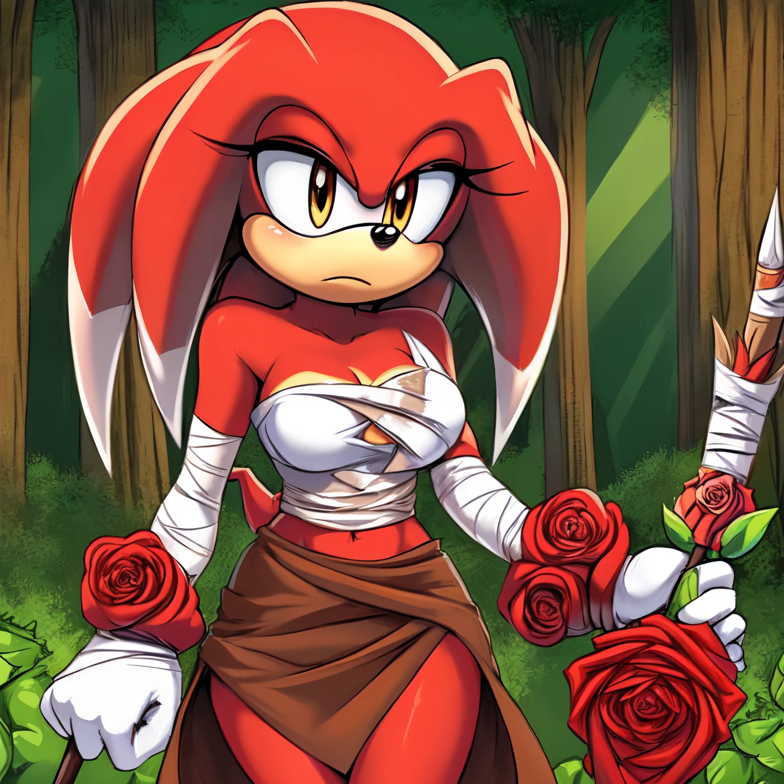 Female, Mobian, (((Echidna))), (solo), (1girl), long high waist beige sarong skirt, white top, average size breasts, hair/quills tied up, (((rose red colored fur))), serious, holding spear, bandages around hands, forest background, blank expression, (facing viewer)