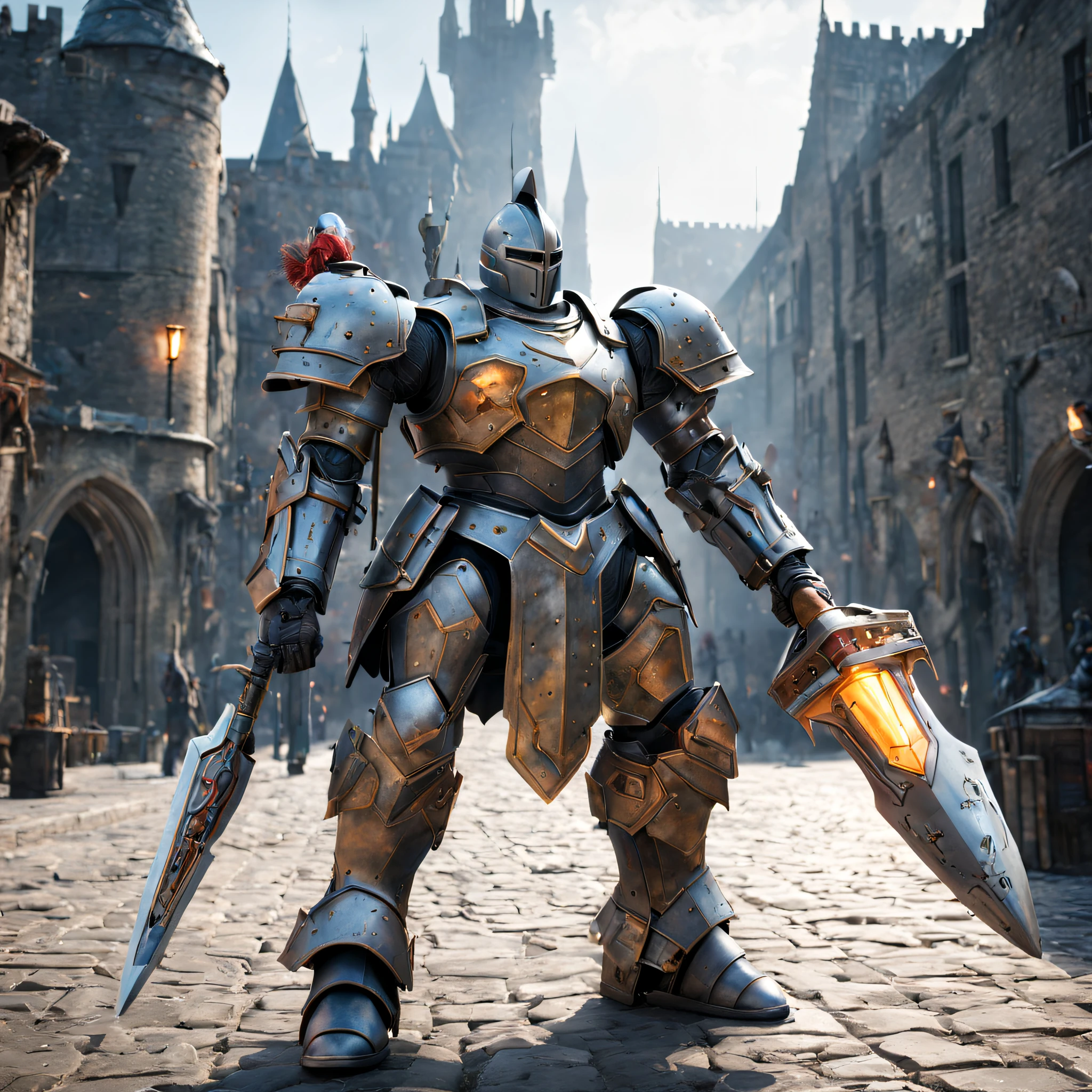 (Knight wearing European medieval heavy armor)，(The armor incorporates futuristic sci-fi elements)，(glowing wires、High-tech textures and smart sensors)，((Knight holding medieval style battle ax))，(The Tomahawk also incorporates future technology elements，Energy Light Blade，energy shields，The battle ax exudes a faint glow of energy)，(Riding a mighty war horse)，Combat equipment also incorporates future science fiction elements.，War horses have glowing saddles、Smart sensing devices and energy shields，Showing the combination of future technology and medieval knight culture。(In the background is the courtyard of a medieval castle。the are In the background，Future tech city and airplane，Towering skyscraper sleeping car，Pause the city)。light and shadow effect，Raycasting，Subtle shadows and highlights on the knight&#39;s armor and weapons，Create light and shadow effects of future technology。Glowing sword