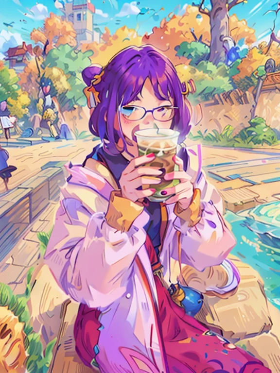 Woman sitting on a bench and drinking coffee, drinking boba tea, xintong chen, holding a drink, with a drink, Drink, Young Asian Girl, chiho, gongbi, wenfei ye, iu, Drinking, jinyiwei, profile picture 1024px, lulu chen, wenjun lin