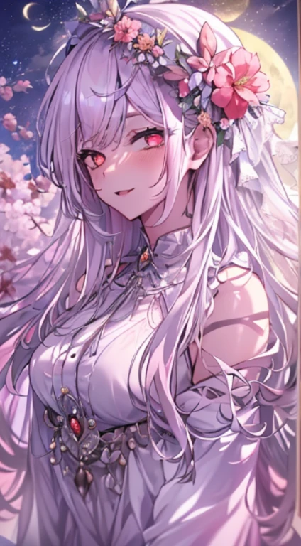 highres, highest quallity, cinematic light, ultra detailed, detailed face, (detailed eyeest quality, hyper detailed, masterpiece, (detailed face),1girl, girl, white hair, red eyes, highest details, luminous eyes, high breats, sitting, full moon, backlighting, light rays, (high contrast), (colorful),Voluptious body, Good anatomy,iintricate,long hair,in spring,night,Alps,flowers meadows,hyper_galaxy,starry_sky,cloud,no_wings,bishoujo,fair_skin,light_blush,slit_pupils,slender_waistseductive_smile,absurdres,Gorgeous white formal dress,intricate details,detailed face and eyes,Gorgeous jewelry ornaments,Very Long voluminous Hair,