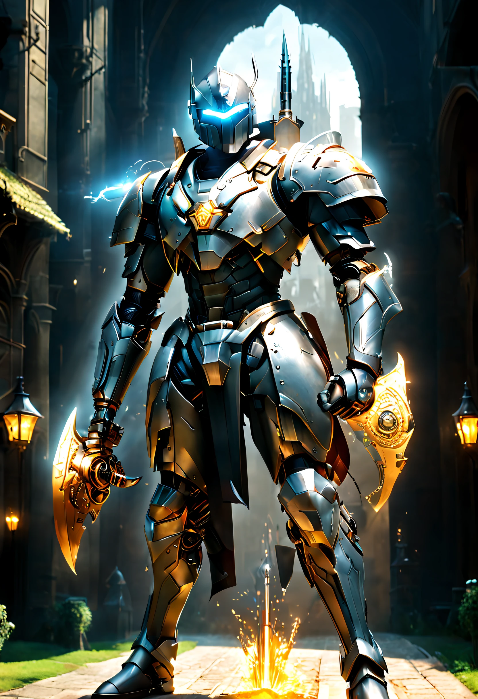 TangMPl44T3chXL, ((Shoot from a distance，Full body photo))，(Knight wearing European medieval heavy armor)，(The armor incorporates futuristic sci-fi elements)，(glowing wires、High-tech textures and smart sensors)，((Knight holding medieval style battle ax))，((The Tomahawk also incorporates future technology elements，Energy Light Blade，energy shields，The battle ax exudes a faint glow of energy))，((Riding a mighty war horse))，((The war horse equipment also incorporates futuristic science fiction elements..，War horses have glowing saddles、Smart sensing devices and energy shields))，Showing the combination of future technology and medieval knight culture, (In the background is the courtyard of a medieval castle, Future tech city and airplane，Towering skyscraper sleeping car，Pause the city)。light and shadow effect，Raycasting，Subtle shadows and highlights on the knight&#39;s armor and weapons，Create light and shadow effects of future technology。Glowing sword, Luminous earrings, Glowing butterfly, Luminous Particle