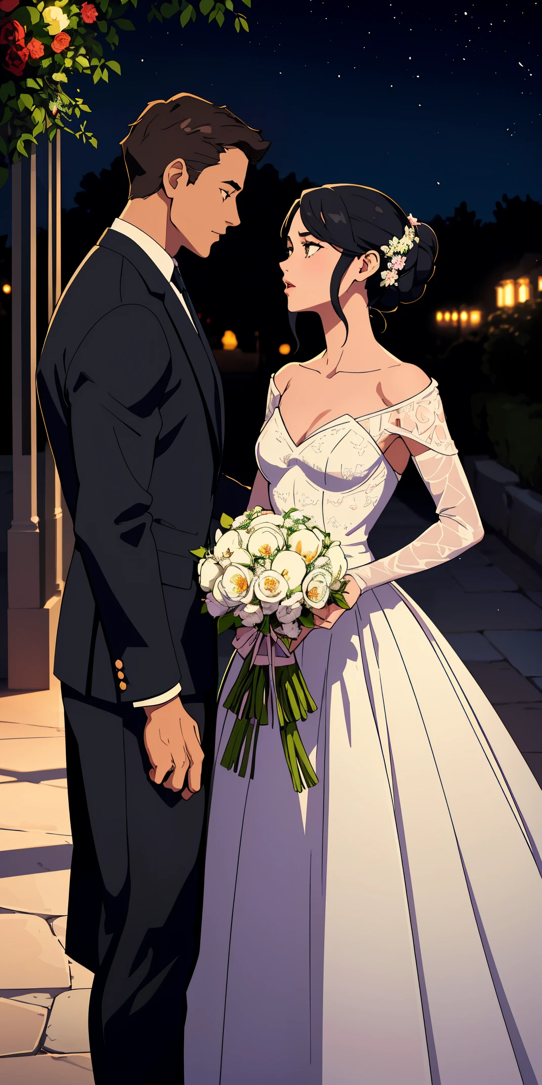 the couple stands on a path adorned with twinkling fairy lights, creating a magical ambiance. The woman's dress has a sweetheart neckline and delicate lace detailing, complemented by a loose updo that allows a few strands of hair to frame her face. The man's suit is a classic black, perfectly tailored to accentuate his silhouette.
As they gaze into each other's eyes, the woman holds a small bouquet of vibrant flowers, adding a pop of color to the scene. The man's free hand holds a vintage-style pocket watch, symbolizing the timeless nature of their love. The moon casts a soft glow on their faces, capturing the essence of a romantic and unforgettable moment.