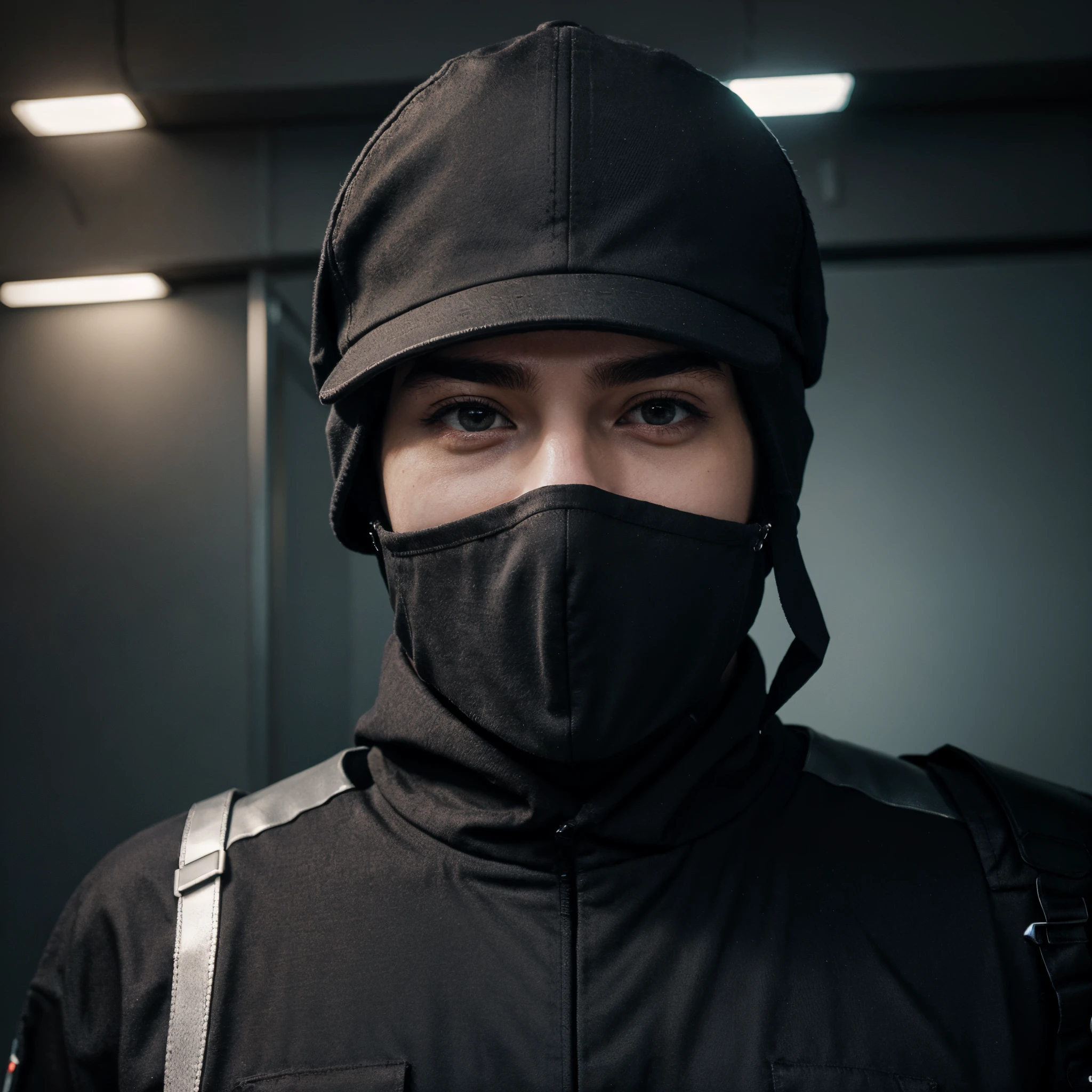 Cyber punk male character, with cap backwards, no face.