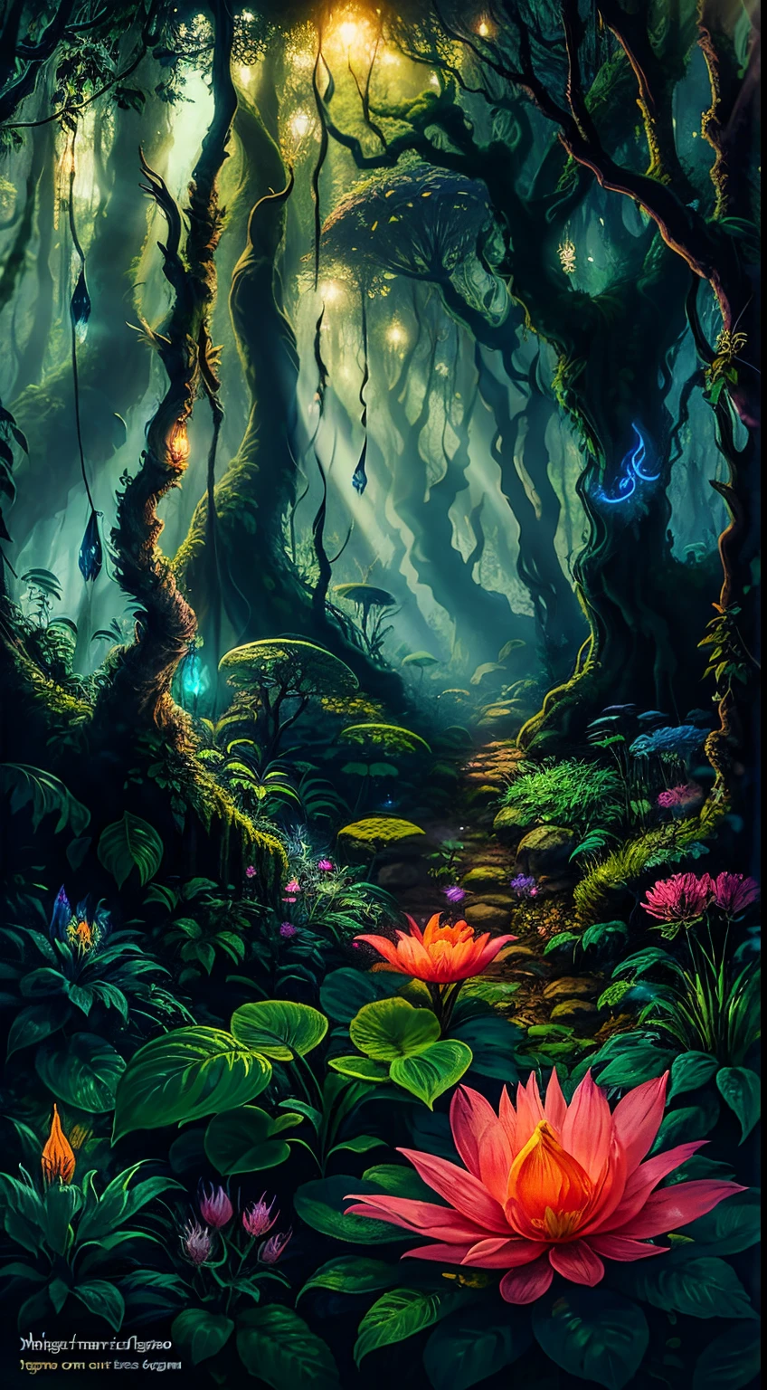 Shrouded in mysterious mist and warm sunlight, the enchanted Elven Forest is full of vibrant flora and fauna, beckoning you to discover its hidden wonders. Illustration, film lights, fantasy, high resolution, highest quality, ultra detailed, best quality, masterpiece, forest plants with neon details, small mutant animals in the background