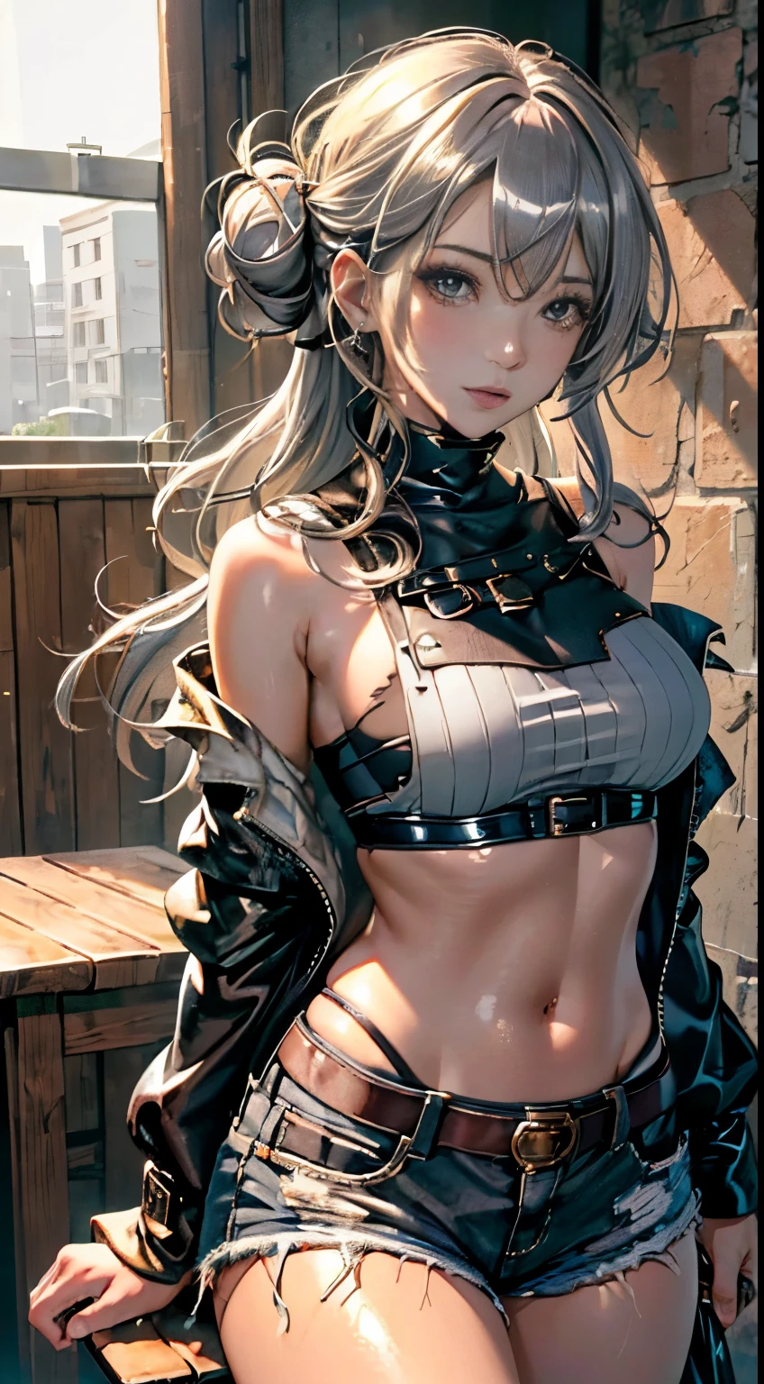 (masutepiece, Best Quality, Detailed shiny skin: 1.2), flawless, 8K, raw, High resolution, Upper body (1 girl: 1.3), lifelike textures, Torn clothes, ragged clothes, Ultra shorts, Soft, Drooping breasts, Bare shoulders, nabel, Areola, Gray hair, long bob, Straight hair, Wavy updo, Olive skin, face with high quality, Tight spaces, Dungeon, wounded, Chair,