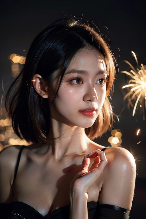 1个Giant Breast Girl, ssmile, irridescent, dramatic angles, the space, (Colorful sparks floating:1.3), dramatic lights, lightand shade contrast, evoke depth