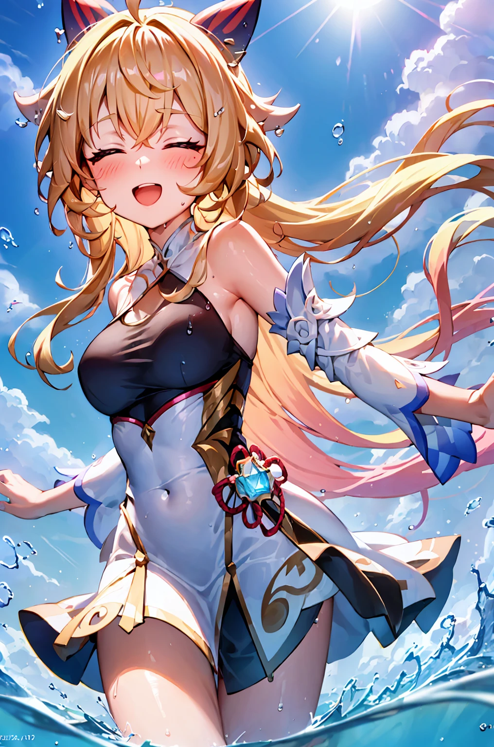 Best quality, tmasterpiece, Incredibly beautiful, very elaborate 8K wallpaper, otherworldly beautiful girl, , (White skin of the), (blonde hair pink gradient hair), Side pony, intermittently, Open your mouth and laugh, Long eyelashes, cosmetics, opening eyes, (zoomout, bigger, BigREAK, 夏天, Beachy, (比基尼), Reflection in the water, (Floating water drops blur foreground), (blue-sky), lens flare glow, (water splash), rays of sunshine,