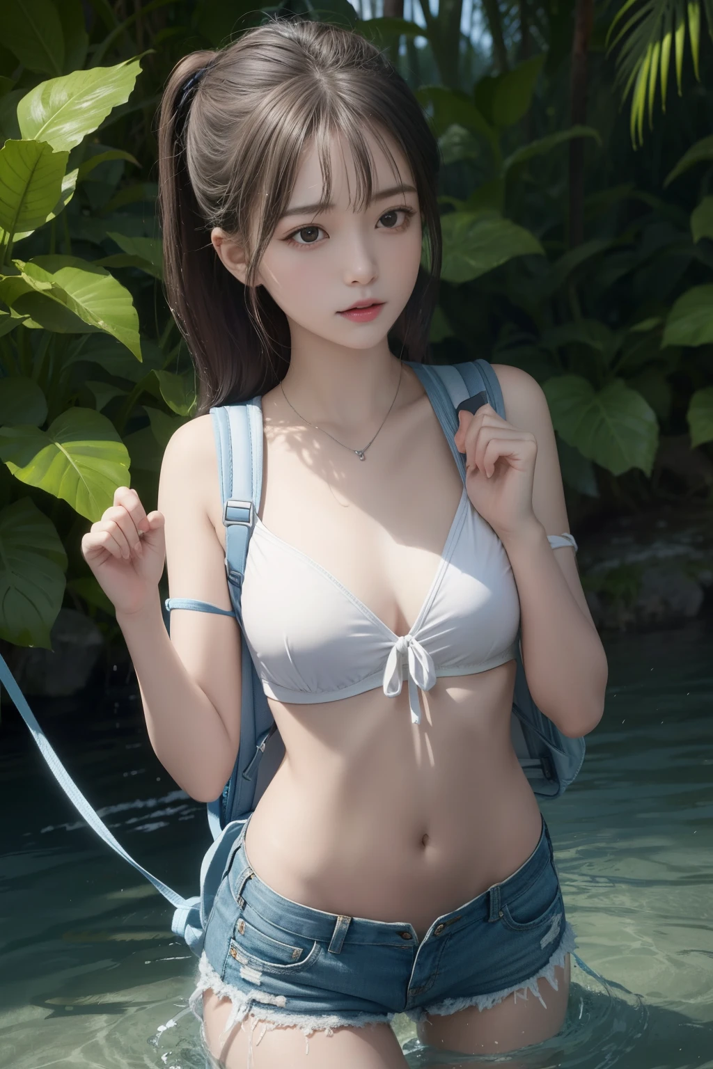 1girl, pretty face, long stomach, helpless, begging face, pov hands,, hands tied up, in restraints, handcuffed, pulled by another, lifted by another, grabbing, pulling, pull up bra, open shorts without buttons , white skin, navel tickled with fingers, hands raised, tied in tree, helpless, whole body, navel, in jungle, in water, in the water full of piranha, night, raped, carrying backpack