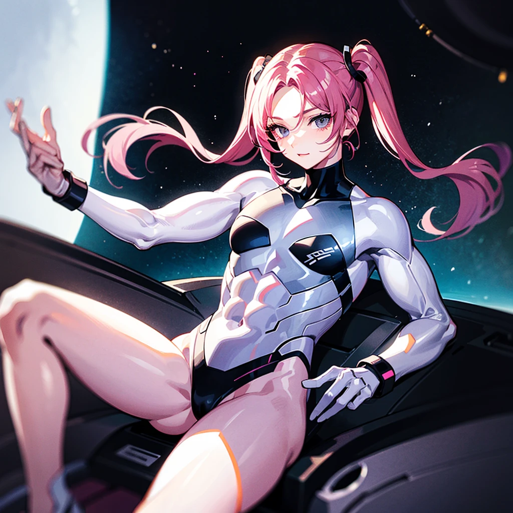 （（（​masterpiece）））、（（（Top image quality）））、（（（top-quality）））、（（Illustration of one adult））、full bodyesbian、（（25-years old））、（（25-years old））、（（（The face is a woman、The body is a man）））、（（（Twintails with pink hair）））、Light gray eyes、（（Tall））、（（Flat））、（（Muscular strong man's body））、（（Muscular strong man's body））、（（（solid ?????）））、（（muscular ????? plate））、abdominals、（（muscular and thick arms））、（（muscular and thick legs））、（（manspreading））、（（（White pilot suit）））、（（Sitting in the cockpit））、（The Universe on the Monitor、Earth seen from space、Spaceport）