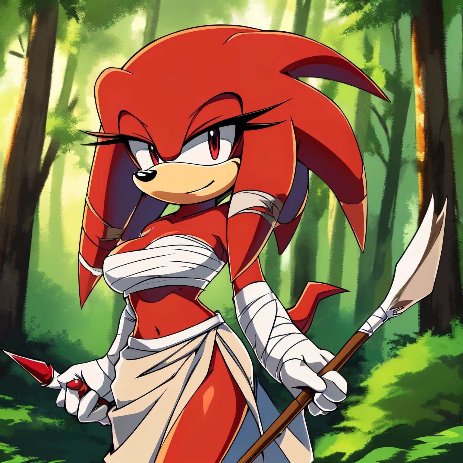 Female, Mobian, (((Echidna))), (solo), (1girl), long high waist beige sarong skirt, (white cropped tube top made of bandages), average size breasts, low ponytail, (((crimson red colored fur))), holding spear, bandages around hands, forest background, (facing viewer), ((2D Anime Style))