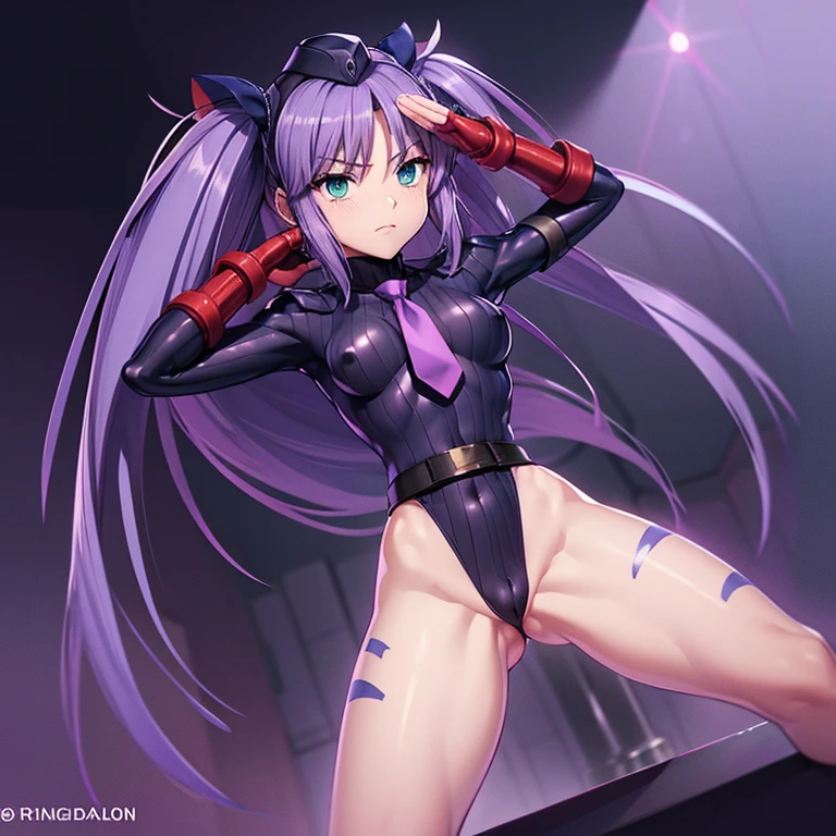 ultra-detailed, Explicit, Beautiful body, Beautiful Nose, Beautiful character design, perfect eyes, perfect face, ultra highres, 4K, beautiful legs, perfect legs, Nice hands, Perfect hand, Masterpiece, Best Quality, Highly detailed, illustration, absurdres, street fighter, doll suit, shadaloo doll, dollsuit, girls, multiple girls, expressionless, blank eyes, looking at viewer, red gloves, emotionless, black latex, corrution, mind control, female combatant, full body, hypnotized, unhappy trance, full body suit, ribbed bodysuit, both arms at side, stand up straight, obey, perfect female body, extremely glossy latex, hypnosis, hypnoLora, empty eyes, Mind control device, poses, submissive_pose, Slave, hat, necktie, stand up straight, standing, standing at attention, Slave, hat, necktie, belt, extending the right arm from the shoulder into the air with a straightened hand, nazi saluting, military, military saluting, salute, latex, ribbed bodysuit, purple hair, twin tails, green eyes, Sasasegawa Sasami, Little Busters!
