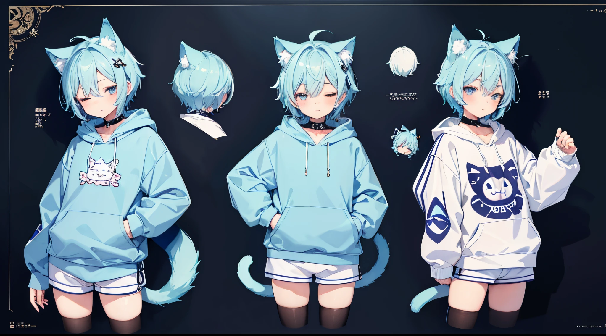 ((best quality)), ((masterpiece)), (detailed), perfect face reference sheet for a cute boy kawaii femboy with blue short boyish hair with bangs completely closing his eyes, cat ears and tail, thick thighs and playful expression wearing a tight mini-shorts and a hoodie