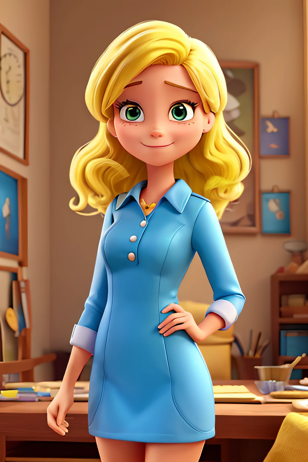 Crie uma cena de desenho animado estilo Disney Pixar, mulher com cabelo amarelo, 24 anos e roupas formais