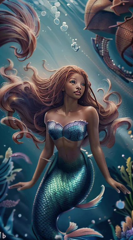 (HB_ariel) Create a highly detailed and photorealistic image of a (black girl) version of Disney's 'The Little Mermaid.  (long red dreadlocks).