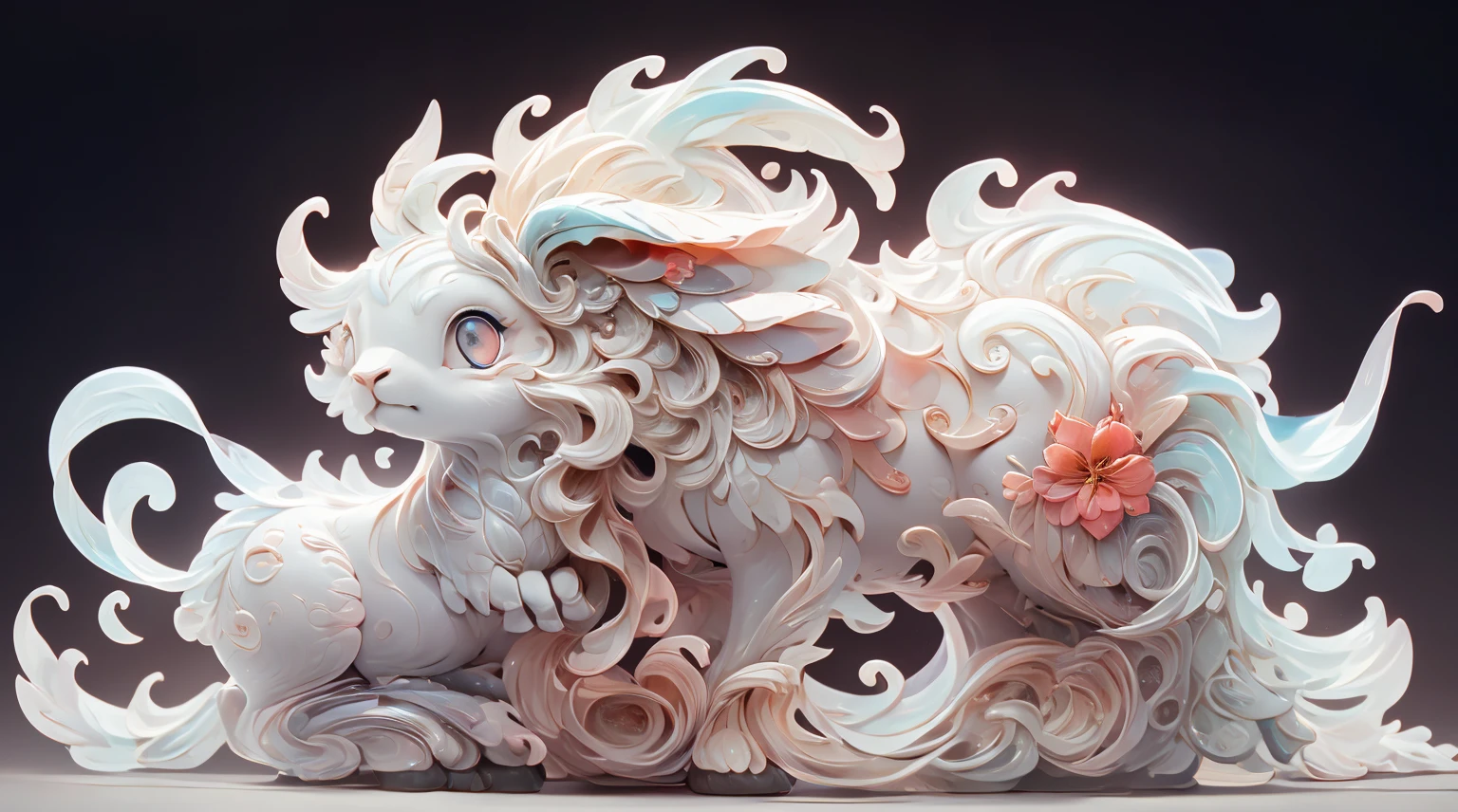 The shape of a cow,The background was clean,dream color,Transparent statue,flower eyes,The white,red eyes,The eyes are clear,tmasterpiece,(Best quality:1.3),A rabbit,Full body lesbian,8K Ultra Clear