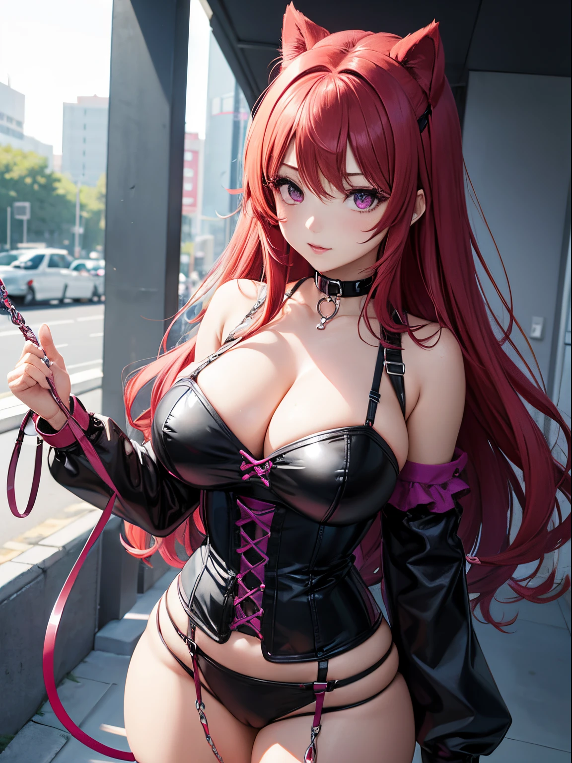 anime girl, curvy body, big bust, red hair [with pink bangs], purple eyes (shiny), choker, black corset top, holding leash, leash in hand, front POV,