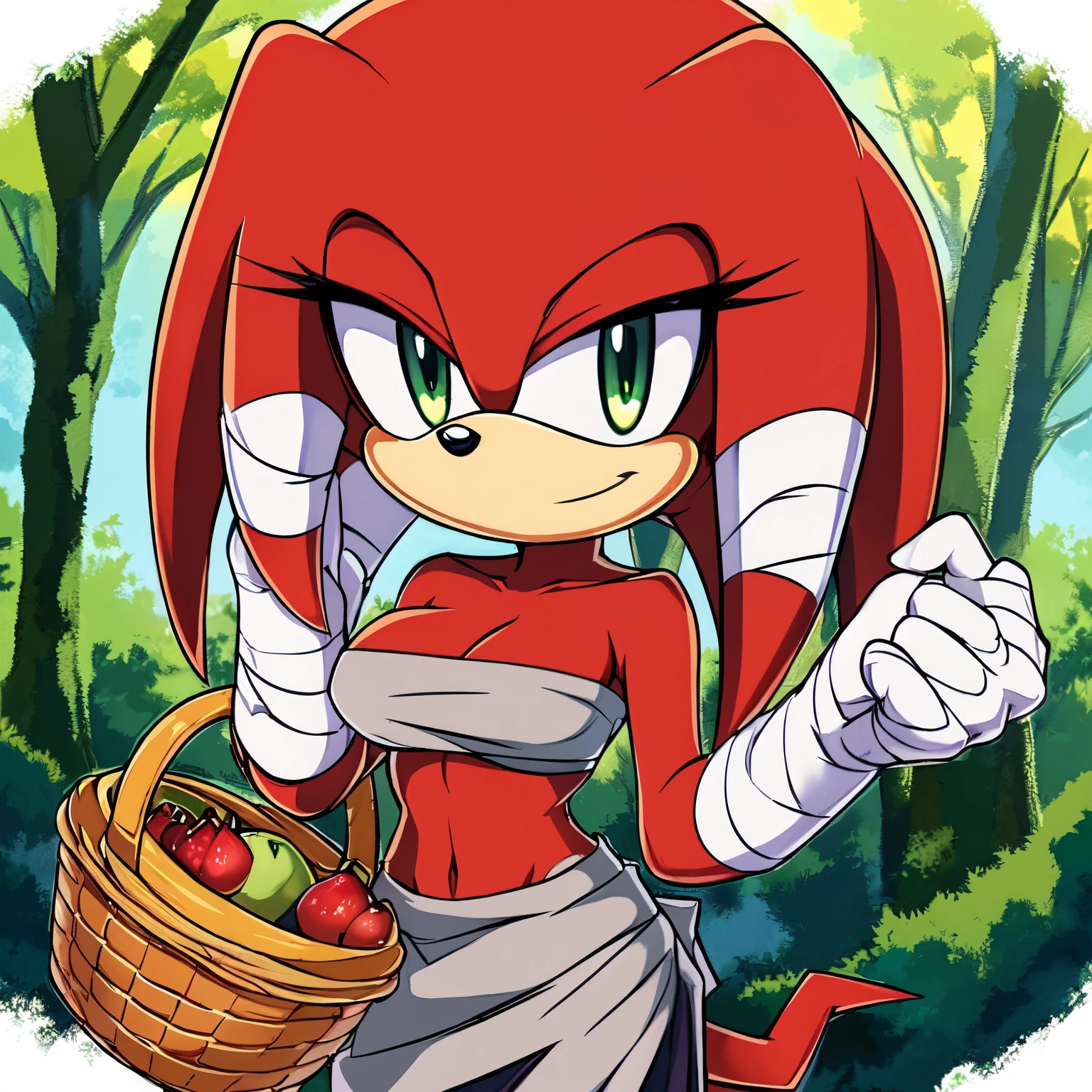 Female, Mobian, (((Echidna))), (solo), (1girl), long beige sarong skirt, (white cropped tube top made of bandages), average size breasts, low ponytail, (((crimson red colored fur))), green eyes, holding a basket of fruit, bandages around hands, forest background, (facing viewer), ((2D Anime Style))