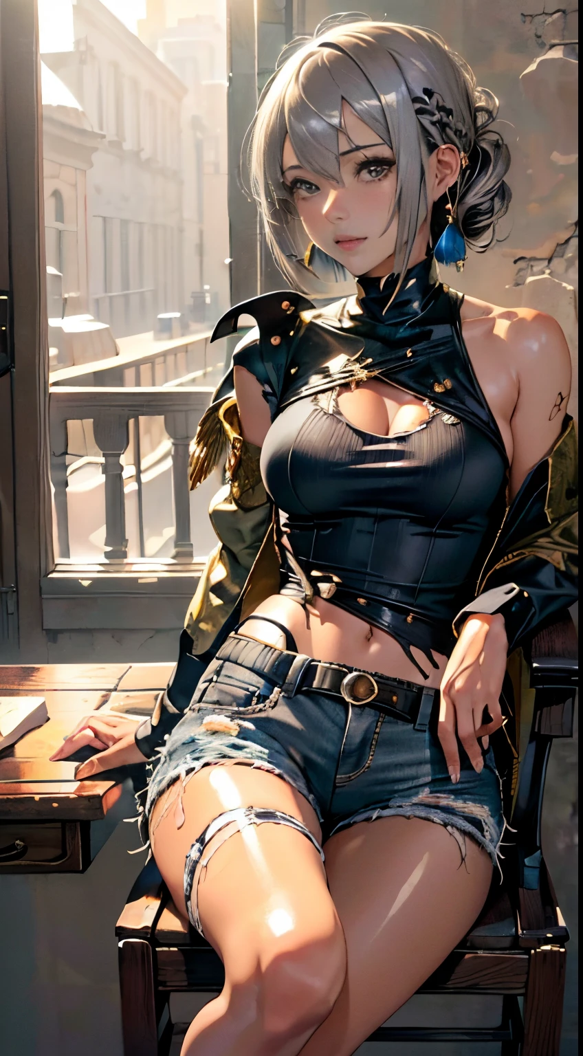 (masutepiece, Best Quality, Detailed shiny skin: 1.2), flawless, 8K, raw, High resolution, Upper body (1 girl: 1.3), lifelike textures, Torn clothes, ragged clothes, Ultra shorts, Soft, Drooping breasts, Bare shoulders, nabel, Areola, Gray hair, (Long Bob:1.3), Straight hair, Wavy updo, Olive skin, face with high quality, Tight spaces, Dungeon, wounded, Chair,