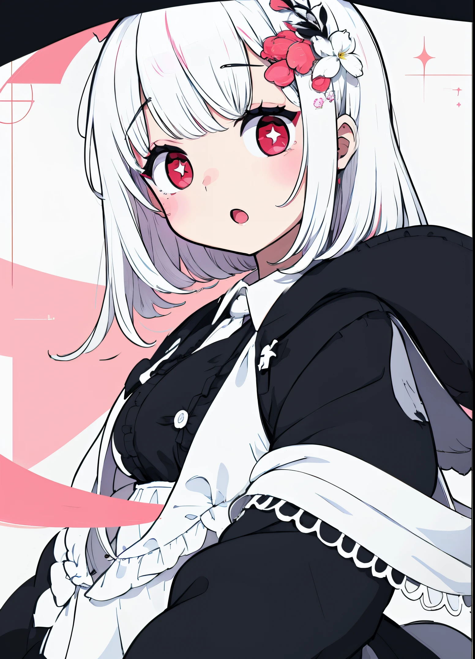 highres, masterpiece, 1girl, eye contact, stare, skin blush, white hair, red eyes, gradient eyeackground, white background, sketch lines, sketch, cover art, print, hime cut, blunted bangs, solo, mature woman, hdr, hair ornament, star eyes, open mouth, :o, surprise, pastel colors,
standing, long sleeves, flower print dress, happy, black hair, hair bow, cheek blush, thighhighs, woman, large breasts, armehind_back, skindentation, thighs, lace, frills, accessories,