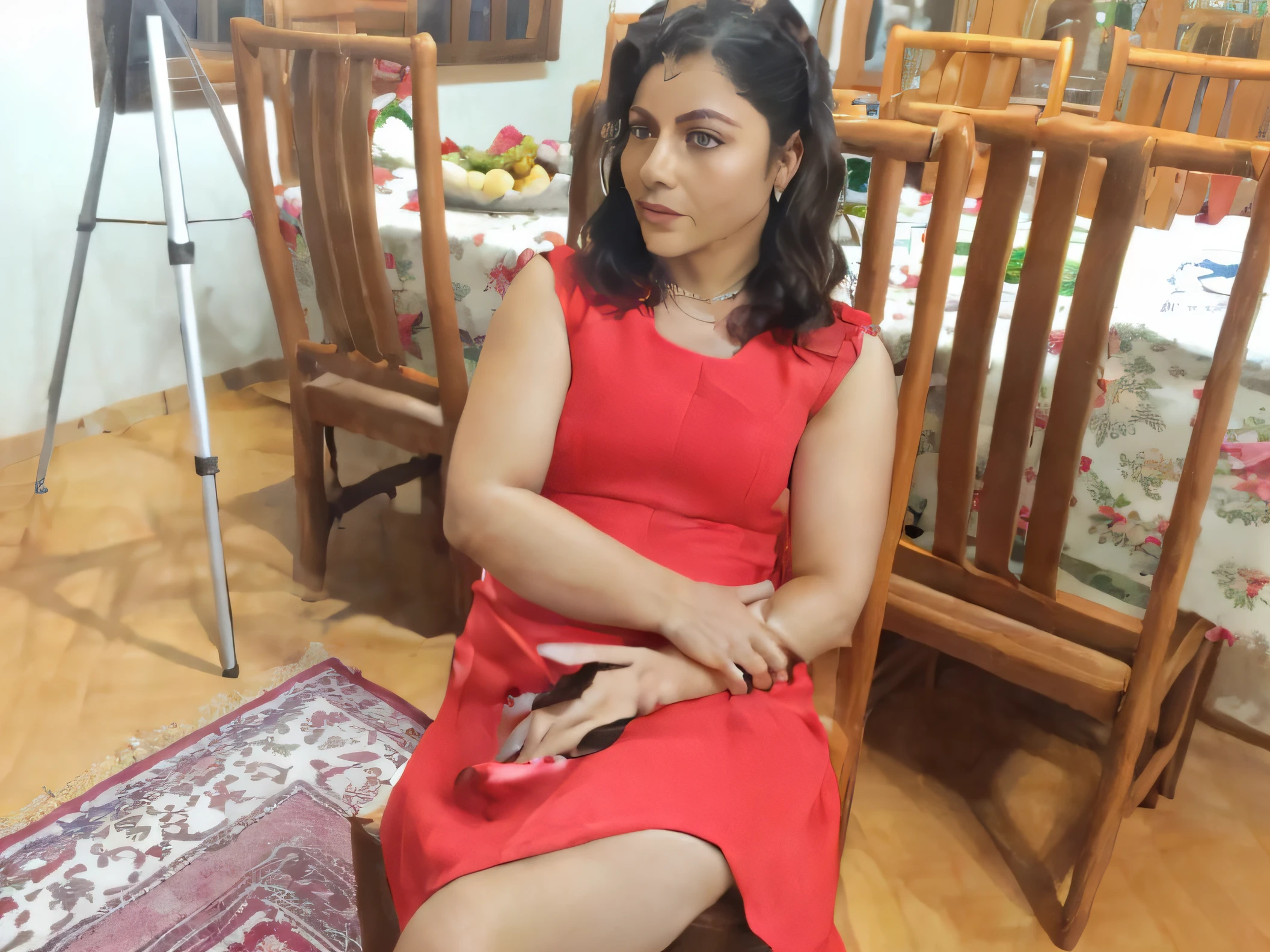 there is a woman sitting on a chair in a room, 3 0 anos mulher, coluna, Sandra Chevier, Mulher de 30 anos de Cuba, Adriana DXIM, Magda Torres Gurza, Valentina Embaralhamento, Estefania Villegas Burgos, Monserrat Gudiol, olhando de lado, Deborah, usando vestido vermelho
