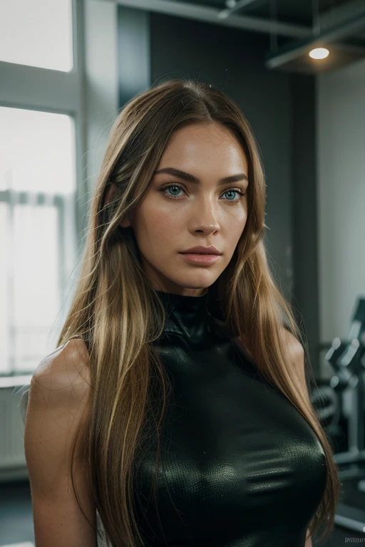 a woman with long blonde hair and green eyes at the gym, with green eyes, with stunning green eyes, keine Falten, Modelgesicht wie Megan Fox, big lips, Ultrarealistische digitale Malerei, Hyperrealistische digitale Malerei, Ultrarealistische digitale Kunst, Hyperrealistische digitale Malerei, Ultrarealistische digitale Kunst, with deep green eyes, Ultrarealistische digitale Kunst, with green eyes, Genau, ultrarealistische Gesichter, Realistische digitale Malerei, mit schwarzbraunen Haaren, definierte Gesichtsturktur, texturierte Haut, spitzes Kinn, hohe Wangenknochen, feine Nase, full body