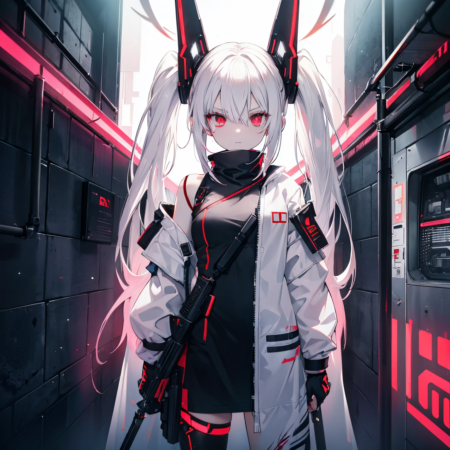 white haired girl with tied hair, red eyes, wearing a neon mask, futuristic clothes with a sword behind her body, standing while pointing a gun at the camera, slightly torn clothes, in the bathroom, has a strong murderous aura,bloodstains on face, places covered in bloodstains, wearing shorts to the knees