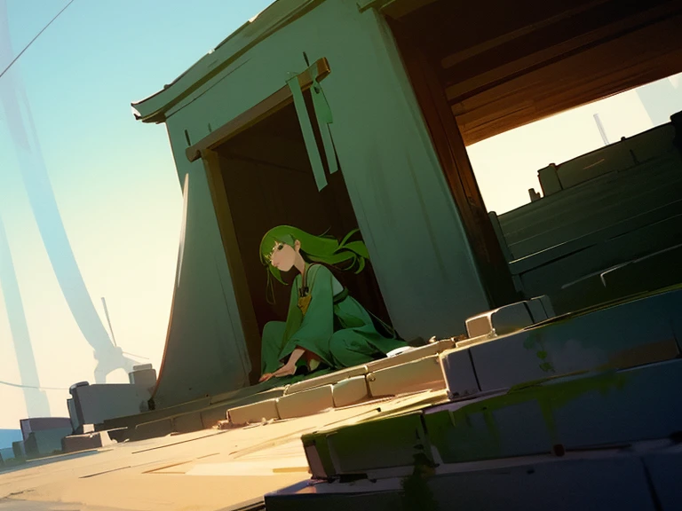 shrines,the setting sun,Under the steps,Green haired woman,Long seaweed-like hair,sideface,Kneel,DOA,Cyan Hanfu