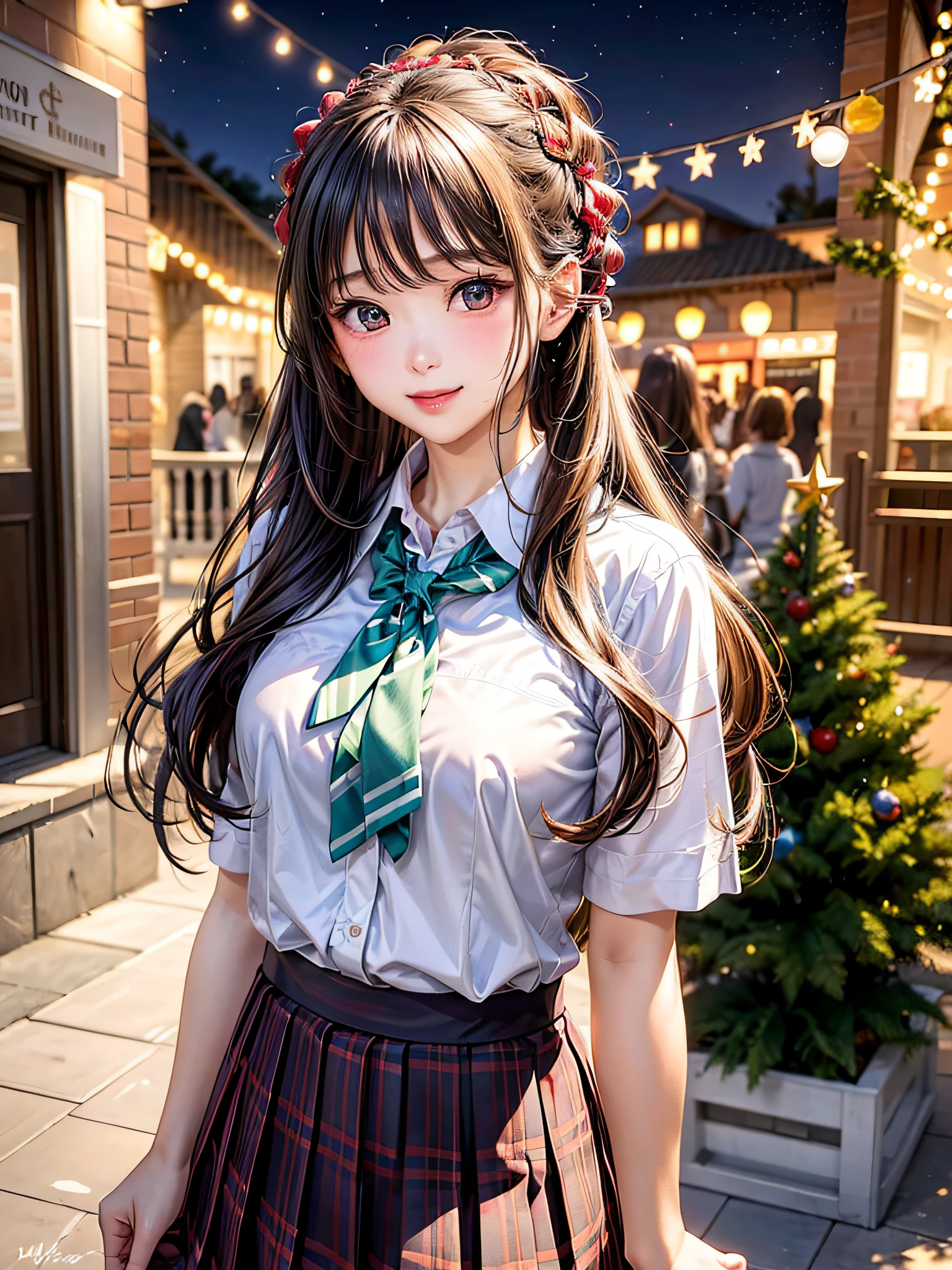 (2girls:1.4), Extremely cute, amazing face and eyes beautiful nice smile), (extremely detailed beautiful face), bright and shiny lips, (School uniform, Pleated skirt:1.3), (Best Quality:1.4), (hyper quality), (Ultra-detailed), (Hyper-realistic, Photorealsitic:1.37), Authentic skin texture, intricate-detail, extremely detailed CG unified 8k wallpaper, RAW Photos, professional photograpy, Cinematic lighting, Exposing, Christmas tree, Christmas Ornaments, Christmas Decorations, Christmas Lights, Christmas Lights,