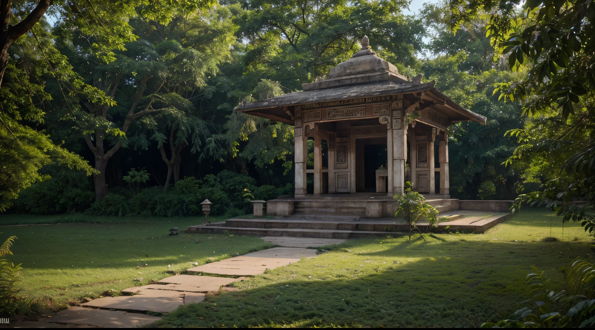 ((Realism)), RAW, photo, nature scenery with small detailed temple on the left, ((India)), folliage, plants, trees, cinematic light, Movie Still, ((Masterpiece))