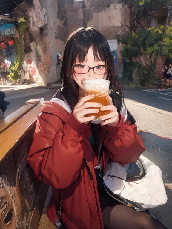 Woman sitting on a bench and drinking coffee, drinking boba tea, xintong chen, holding a drink, with a drink, Drink, Young Asian Girl, chiho, gongbi, wenfei ye, iu, Drinking, jinyiwei, profile picture 1024px, lulu chen, wenjun lin, yun ling